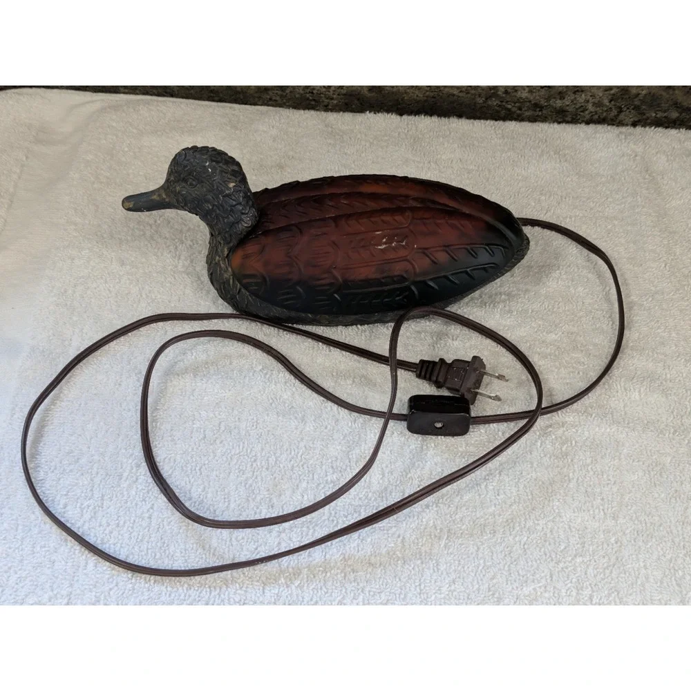 Vintage Mallard Duck Night Lamp Amber Glass Tiffany Style Metal Works